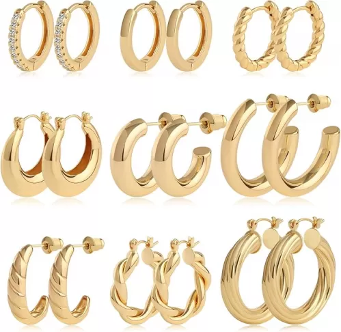 Gold Hoop Earrings for Women Chunky Twisted Huggie Hoops Earrings Set 14K Real Gold Plated Christmas Gift for Women