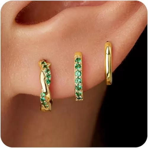 Gold Huggie Hoop Earrings Set for Women, Dainty Small Sterling Silver Earring Stacks Hypoallergenic Jewelry for Multiple Piercings, Trendy Twisted Cute Cartilage Hoops Birthstone Gift 3 Pairs