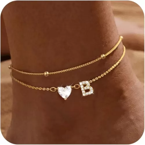 Gold Initial Ankle Bracelets for Women, 14K Gold Plated Dainty Love Heart CZ Trendy Layered Letter A-Z Waterproof Anklets Fashion Jewelry Gift for Women