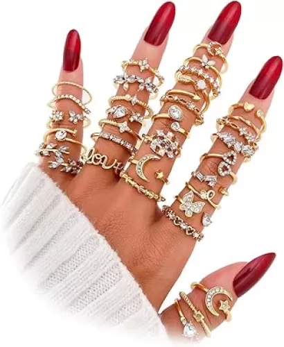 Gold Knuckle Stacking Rings Set for Women, Boho Dainty Sparkle Crystal Rhinestone Moon Star Rings Sets, Vintage Joint Rings Pack Jewelry Gift for Her