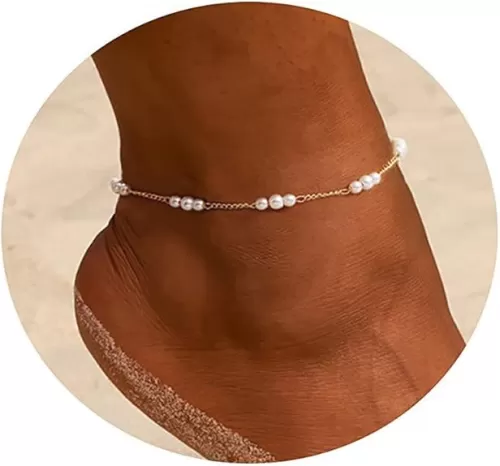 Gold Layered Ankle Bracelets for Women 14K Gold Plated Four Layer Rhinestone CZ Anklet Cuban Figaro Fishbone Pearl Link Anklets Set Summer Jewelry Gift