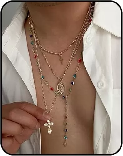 Gold Layered Cross Necklace Set for Women – Virgin Mary Pendant & Colorful Rosary Beads, Trendy Layered Chains, Statement Fashion Jewelry, Beaded Accessories Gifts