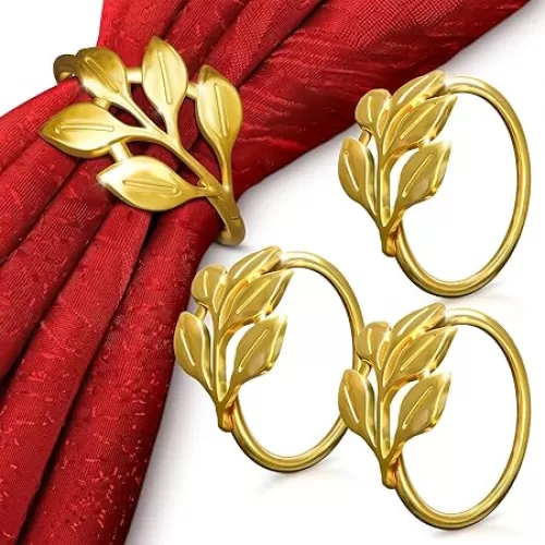 Gold Napkin Rings Set of 12 – Sturdy Metal Napkin Rings, Easy to Clean | Elegant Leaf Design for Table Settings, Holiday Table Decor, Wedding & Festive Dinners, Special Occasions, Grat for Gift Giving