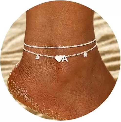 Gold Silver Ankle Bracelets for Women 14k Gold Plated Initial Anklets for Women Waterproof Non Tarnish Dainty Layered CZ Letter A-Z Heart Charm Anklet Set Summer Beach Foot Chain Jewelry Gift