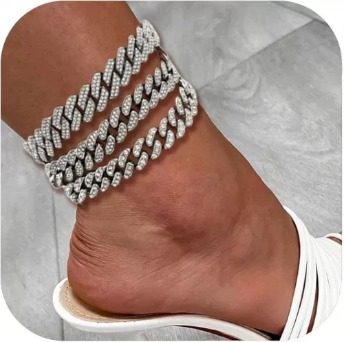 Gold Silver Ankle Bracelets for Women Cuban Link Anklets Plus Size Ankle Bracelet Layered Link Anklet Set Rhinestone Bling Anklets Gold Silver Jewelry for Women Gift Set