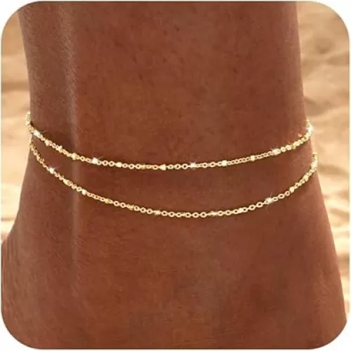 Gold/Silver Ankle Bracelets for Women Dainty14K Gold Plated Waterproof Cuban Bead Chain Sets Layered Non Tarnish Summer Beach Bracelets 8.3+2 Inch Adjustable for Womens Jewelry Gifts