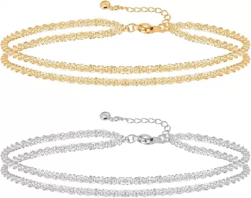 Gold/Silver Anklets for Women, 14k Gold/Silver Plated Evil Eye Ankle Bracelets for Women Waterproof Layered lightweight Cuban Link Figaro Chain Diamond Heart Anklet Summer Beach Jewelry Gift