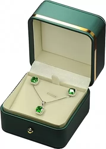 Green Color Necklace Earring Set Jewelry Gift Box Luxury Soft Touch Premium PU Leather Necklace Pendant Chain Jewelry Storage Holder Box with Elegant Gold Trim and Gold Button Design