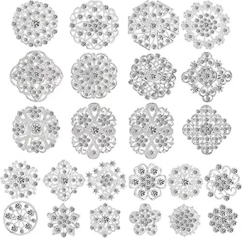 Hiceeden Lot 24 Pcs Crystal Brooches Pins, Silver Shining Clear Rhinestone Brooches Flower Jewelry Bridal Wedding Bouquet Kit Gift for Girls, Women, DIY Decoration