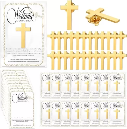 Highergo Church Welcome Gifts Cross Lapel Pins Bulk Christian Enamel Brooch with Card Jesus Pins for Guest Chaplain Baptism