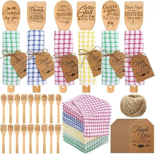 Honeydak 24 Set Employee Appreciation Gifts Set Thank You Employee Kitchen Utensils Bamboo Spoon Flat Spatula Kitchen Towel Tag Thank You Gift for Coworker Staff Teacher Nurse Colleague