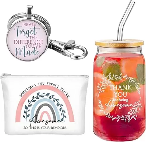 Hoolerry 3 Pcs Thank You Gifts for Women Thank You for Being Awesome 16oz Coffee Glass Cup Motivational Zipper Pouch Keychain (Awesome)