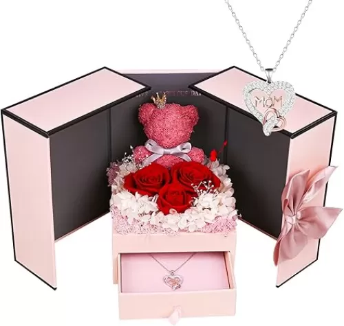 IDFALKFD Preserved Rose Gifts Set includes 925 Sterling Silver Necklace with Heart and Mom Jewelry Design, Mothers Day Birthday Christmas Valentines Gifts for Mom from Daughter and Son