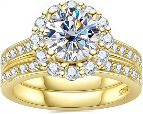 Idocare Moissanite Halo Wedding Rings Set D Color VVS1 Round Cut 14K Yellow Gold Plated 925 Sterling Silver Promise Anniversary Engagement Bridal Rings Set for Women