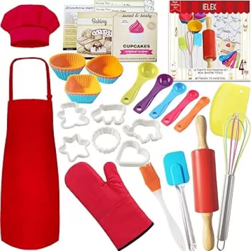 IELEK Real Baking Set Pastry Cooking Kit Supplies Includes Apron, Chef Hat, Oven Mitt, Rolling Pin, Real Baking Tools and Recipes Great Gift for Curious Beginners