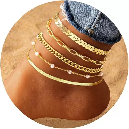 iF YOU Gold Ankle Bracelets for Women, 14k Gold Plated Waterproof Cuban Link Chain Anklets Set, Layered Anklet Bracelets for Women Beach Gift Adjustable Size 5pc