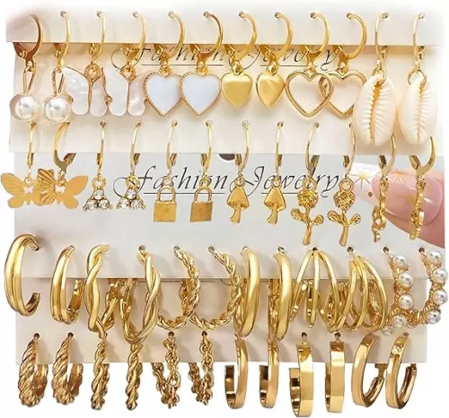 IFKM 24 Pairs Gold Hoop Earrings Set for Women Hypoallergenic Chunky Chain Twisted Open Hoops Dangle Earring Packs for Birthday Party Christmas Fashion Jewelry Gift