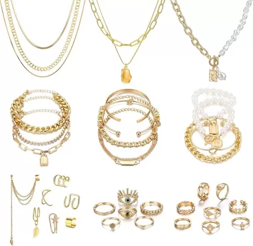 IFKM 36 PC Gold Plated Jewelry Set with 4 Necklace, 11 Bracelet, 7 Ear Cuffs Earring, 14 Knuckle Rings for Women Girls Valentine Anniversary Birthday Friendship Gift