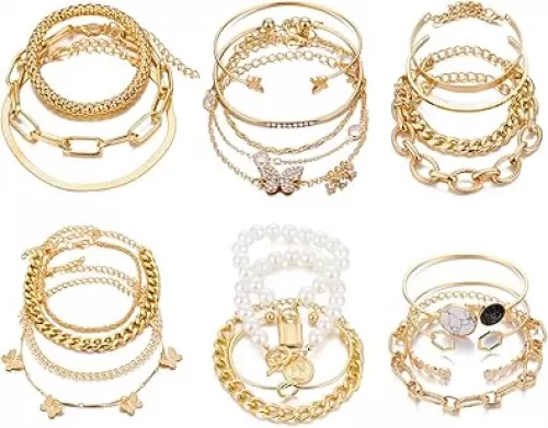 IFKM 6 PACK (24 PCS) Boho Gold Chain Bracelets Set for Women, 14K Gold Plated Multiple Layered Stackable Open Cuff Wrap Bangle Adjustable Link Italian Cuban Jewelry for Women Gift
