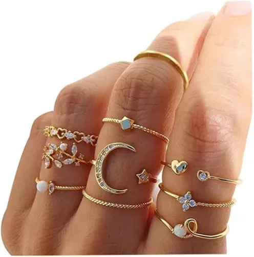 INENIMARTJ Boho Rings for Women Teen Girls, Gold Stacking Rings Set Vintage Knuckle Stackable Moon Star Snake Butterfly Heart Flower Leaf Top Finger Rings