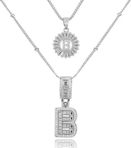 Initial Letter Necklace for Women 14k White Gold Silver Plated Dainty Necklaces Trendy Chunky Custom Layered Necklace Set Personalized Round Circle Zirconia A-Z Letter Chain Pendant Jewelry Gift