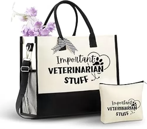 InnoBeta Veterinarian Gifts Canvas Tote Bag for Women, Veterinary Gift Bag with Top Zipper Closure and Shoulder Strap, Thank You Gifts for Vet, Vet Tech Week