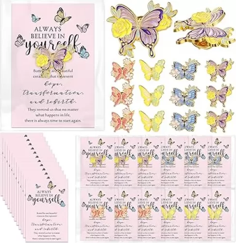 Inspirational Gifts for Women Bulk 4 Styles Butterfly Lapel Pins Butterfly Brooches Pins Motivational Cards with Opp Bags for Teacher Nurse
