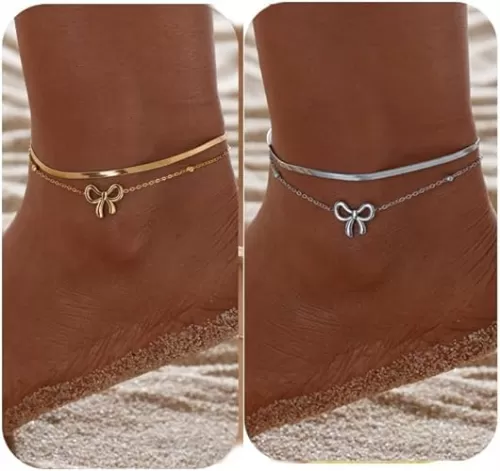 iWenSheng 14K Gold Silver Plated Ankle Bracelets Set for Women - Waterproof Layered Lightweight Simple Chain Bow Anklets Set, Adjustable Beach Jewelry, 2PCS