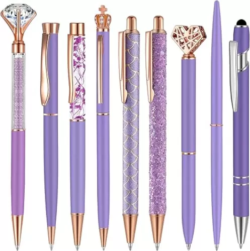 Janmini 9 Pcs Ballpoint Pens Set Metal Crystal Diamond Glitter Pens for Journaling Black Ink Pretty Cute Things Fancy Stationery Gifts for Women Girls Birthday Home Office Desk(Purple)