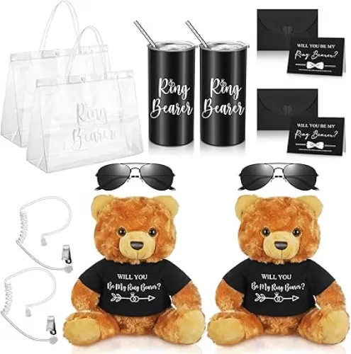 Jexine 14 Pcs Wedding Ring Bearer Gifts Sets, Stainless Steel Tumbler with Straw, Stuffed Bears, Ring Bearer Card, Envelope, Sunglasses, Earpiece, Gift Bag for Wedding Party favors