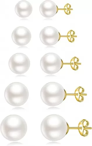 JINERA 5 Pairs Stud Earrings for Women 14K Plated Gold/Silver Pearl Ball Small Stud Earrings Set Cartilage Piercing Hypoallergenic Lightweight Flatback Earrings Jewelry Gifts for Women