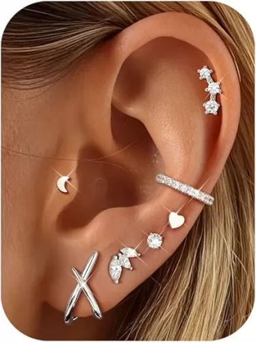 Jstyle 14K Gold Earrings for Women Trendy Hypoallergenic Surgical Steel Earring Stacks Cartilage Earring Sets for Multiple Piercing Small Cute CZ Studs Cuffs Women