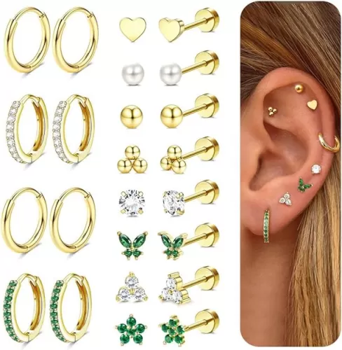 Jstyle Hypoallergenic Gold Stud Hoop Earrings for Women Men Surgical Stainless Steel Flat Back Earrings Small 14K Gold Huggie Hoops Cartilage Earring Set for Multiple Piercing Jewelry Gifts for Women
