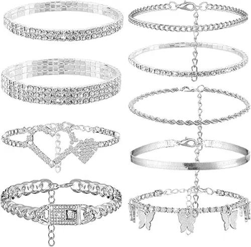 Junkin 9 Pcs Chunky Ankle Bracelets for Women Rhinestone Butterfly Heart Link Charm Anklets Set Layered Braided Chain Anklet Foot Chain Jewelry Gift for Lady Summer Beach