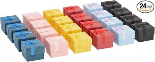Juvale Ring Boxes Set - 24 Pack Multi-Color 1.6x1.2x1.6 inches Cardboard Square - Tiny Jewelry Gift Boxes with Lids & Bows for Rings - For Weddings, Birthdays & Anniversaries