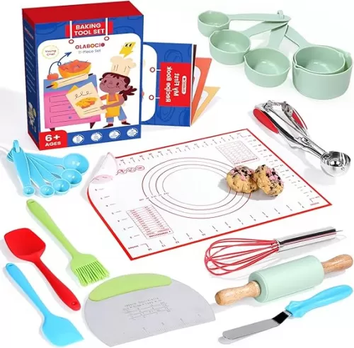Kids Baking& Cooking Set for Real Cooking, Olabocio 19 Pieces Toddler Safe Kitchen Tools Utensils with Cookbooks, Montessori Kid Baking Set Gift for Girls & Boys