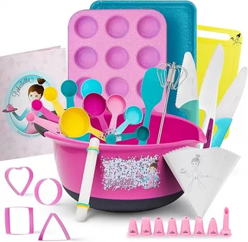 Kids Cooking Sets Real Kid Baking Set With Kid Safe Knife Set Beginers Baking Supplies With Nonstick Baking Pans, Kids Cook Book Best Baking Gift