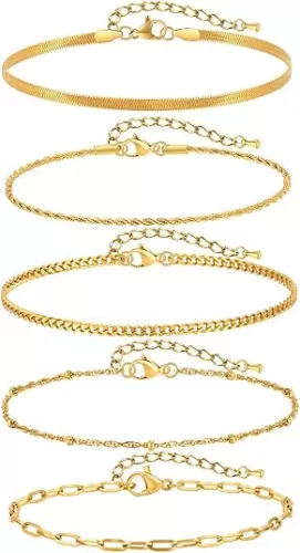 KSF Gold Anklets for Women Waterproof - 18k Gold Plated Ankle Bracelets for Women, 5PCS Anklet Set Cuban Herringbone Figaro Link Chain Anklets for Women Summer Beach Jewelry Gift Adjustable Size