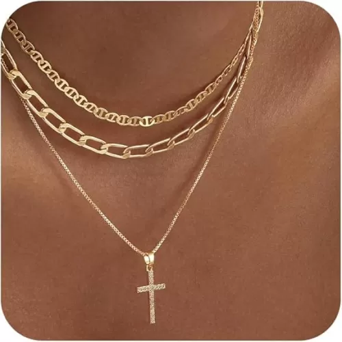Kyerlyn Cross Necklace for Women, Stackable Stacked Stacking Layering Layered Necklaces Set Dainty 14 K Gold Silver Paperclip Box Flat Mariner Chain Pendant CZ Simple Jewelry Gift
