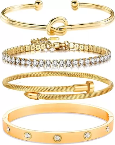 Lamdo 18K Nail Love Bangle Bracelet Set, Cubic Zircon Stacked Flexible Wide Wristband for Women - Gifts for Women