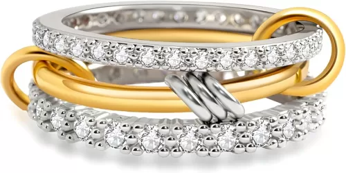 Lamdo Gold Stackable Rings for Women Non-Tarnish, Dainty Elegant Statement Ring 18k Gold Plated CZ Cubic Zirconia, Silver Gold Knuckle Multi-Link Connected Rings Set for Wedding Gift and Mother