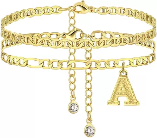 LANG XUAN 14K Gold Ankle Bracelets for Women Waterproof Set Boho Cuban Link Anklets Initials Letter Name Non Tarnish Extra Large Ankle Chain Layered Foot Jewelry Personalized Gifts