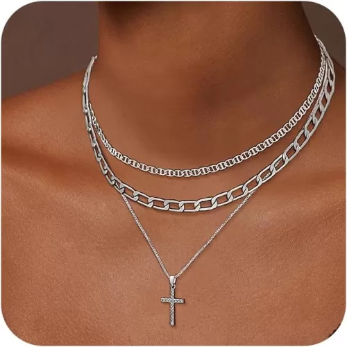 Layered Gold Cross Necklaces for Women, Stack Stackable 14K Gold/Silver Plated Cubic Zirconia Pendant Necklace Set Dainty Choker Layering Necklaces for Women Faith Jewelry Religious Gift