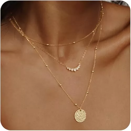 Layered Gold Silver Necklaces for Women, Stackable Stack 14K Real Gold Plated Silver Chain Necklace Diamond Circle CZ Layering Pendant Necklaces Trendy Gold Jewelry Set Gifts