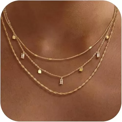 Layered Necklaces for Women, Dainty Gold Necklace Stack 14k Gold Plated Layering Cubic Zirconia Choker Necklaces for Women Trendy Simple Layered Gold Necklace Set Fashion Jewelry
