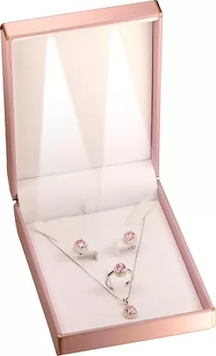 LED Necklace Pendant Ring Box for Engagement, Wedding… Octagonal Design with Gold Trim PU Leather Necklace Earrings Ring Sets Jewelry Gift Holder Box with Light for Men for Women (1, Pink)