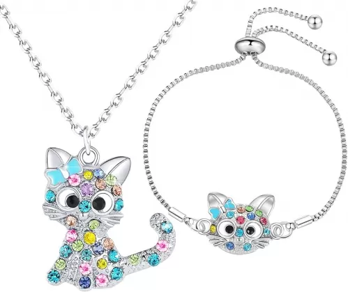 Lovely Rainbow Rhinestone Cat Jewelry Set For Girls Pendant Necklace For Girl Bracelet For Girl Jewelry Gift For Girls Daughter Granddaughter Niece Christmas Gift Girl Birthday Gift over 3 years old.