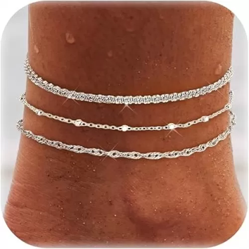 LOYALLOOK Ankle Bracelets for Women Waterproof, 14K Gold Plated Cuban Figaro Link Chain Beaded Anklets Set, Dainty Layered Anklets for Women Non Tarnish Summer Beach Foot Jewelry Adjustable Size