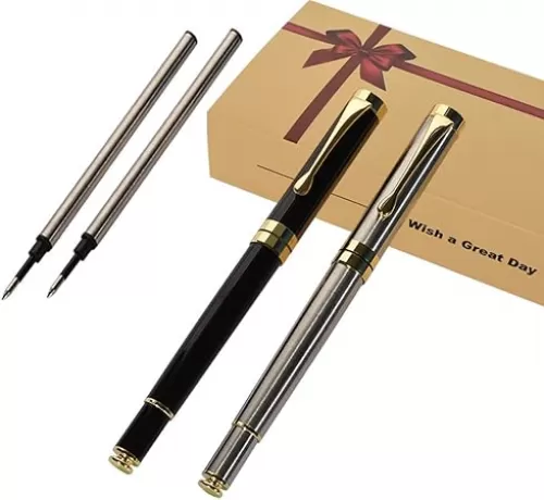 Luxury Ballpoint Pen Writing Set, Elegant Fancy Pens for Signature Colleague Students Boss, Executive Nice Pens for Business Birthday with Gift Box, 2 extra 0.5 mm refill(2 pens)