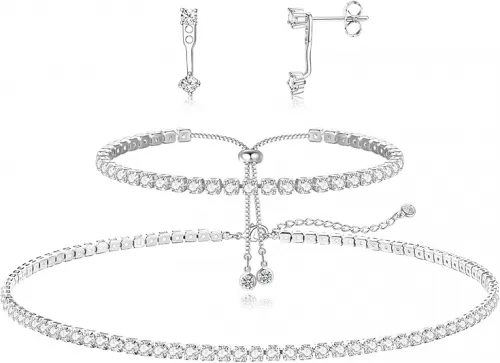 Luxval Tennis Necklace Set for Women Tennis Bracelets Diamond Earrings Sterling Silver Necklace Wedding Jewelry for Bride Silver Jewelry Sets for Women Gift